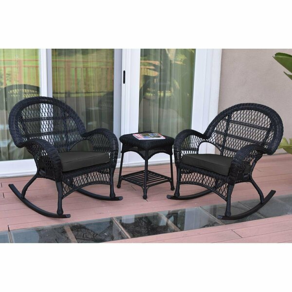 Jeco W00211-2-RCES017 3 Piece Santa Maria Black Rocker Wicker Chair Set, Black Cushion W00211_2-RCES017
